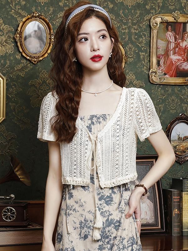 Crochet V-Neck Cropped Short Sleeve Cardigan