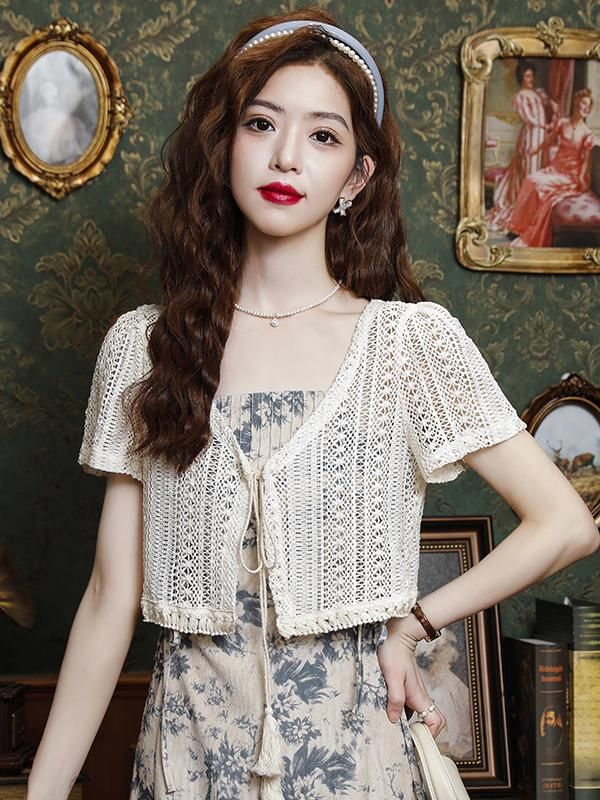 Crochet V-Neck Cropped Short Sleeve Cardigan