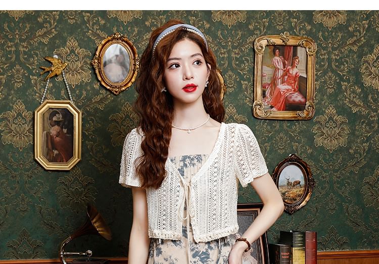 Crochet V-Neck Cropped Short Sleeve Cardigan