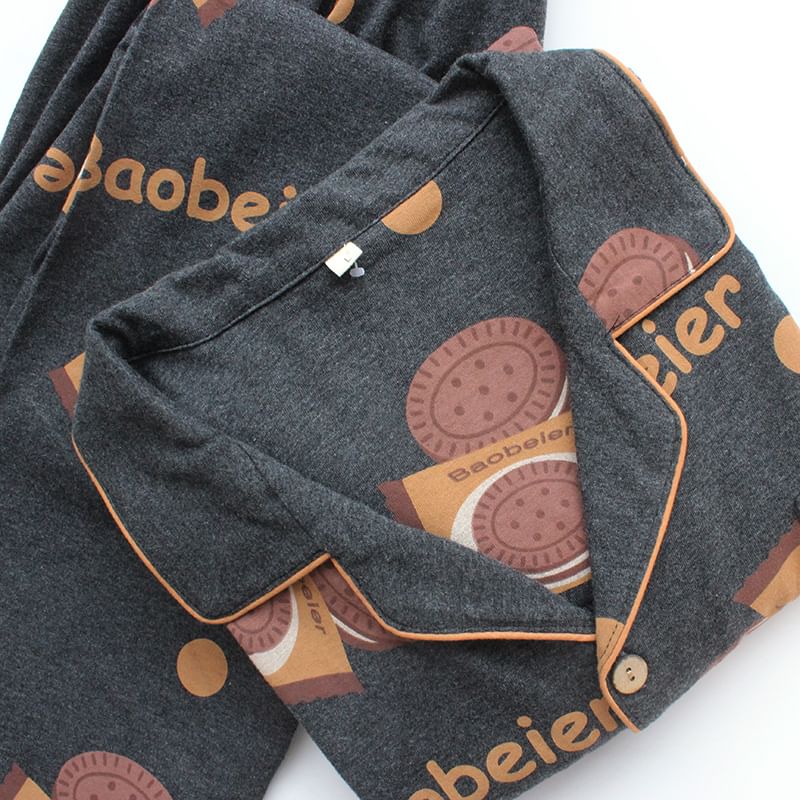 Couple Matching Pajama Set: Long-Sleeve Print Top + Pants (Various Designs)