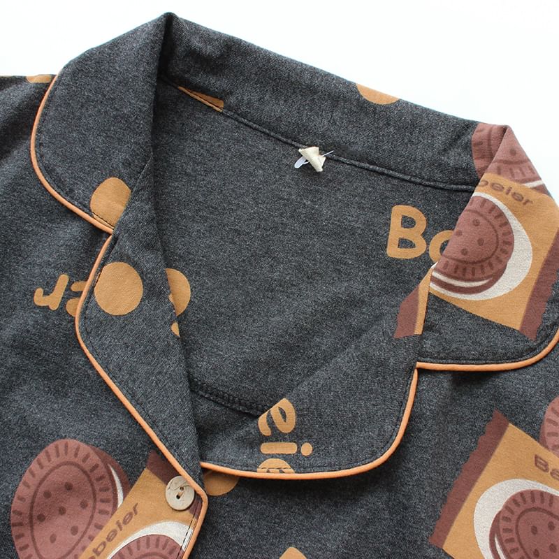 Couple Matching Pajama Set: Long-Sleeve Print Top + Pants (Various Designs)