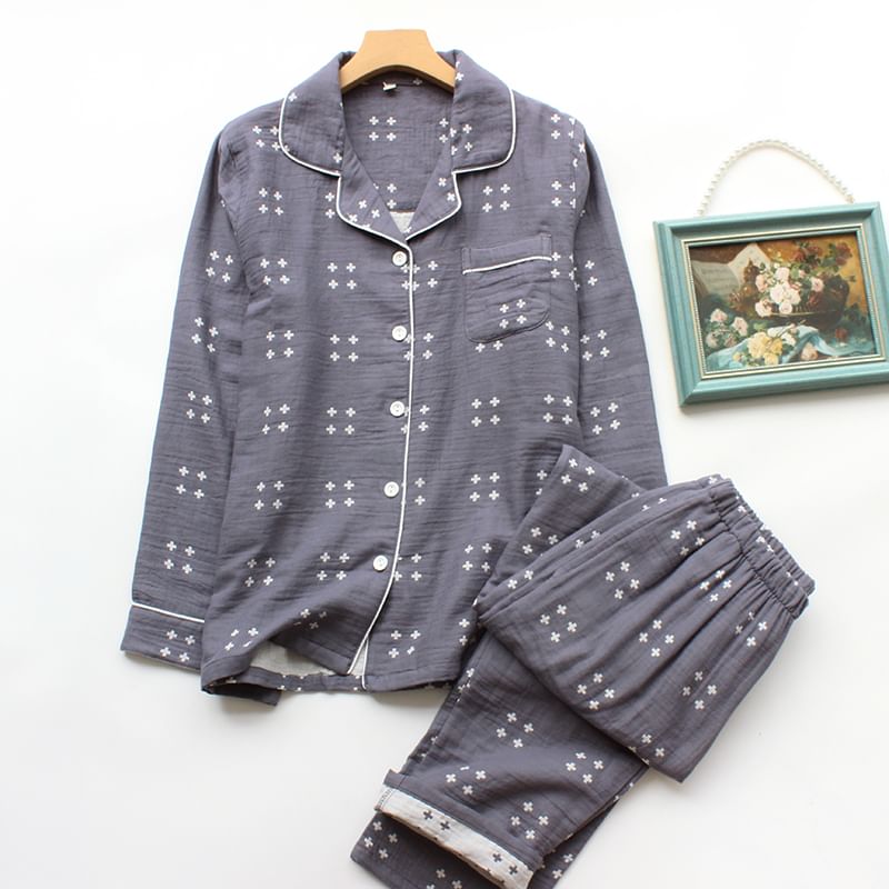 Couple Matching Pajama Set: Long-Sleeve Cross Print Top + Pants (Various Designs)