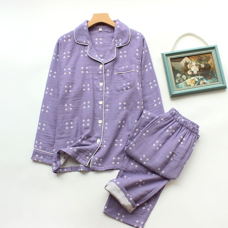 Couple Matching Pajama Set: Long-Sleeve Cross Print Top + Pants (Various Designs)