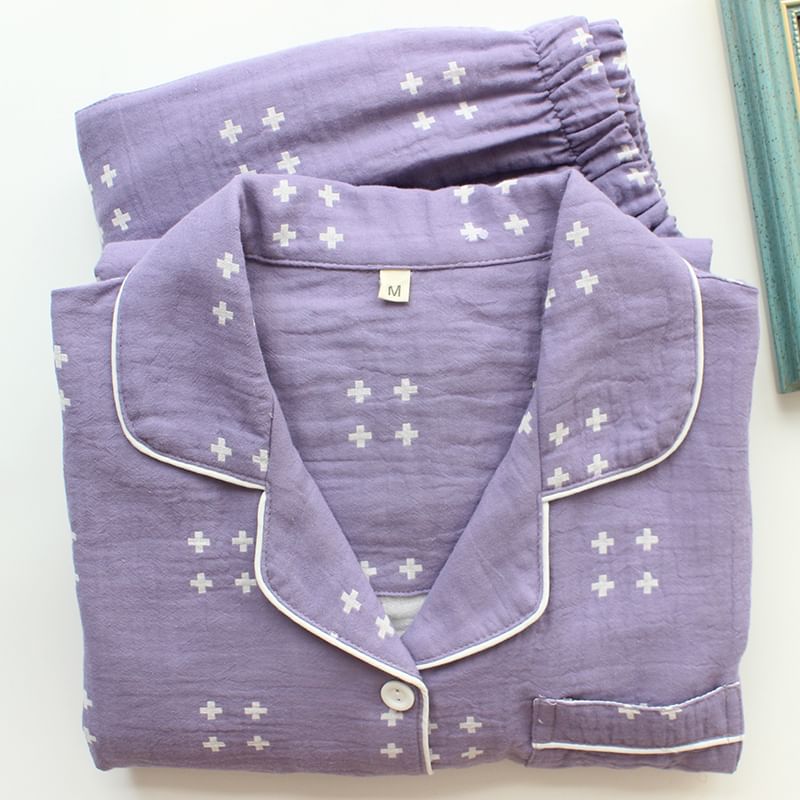 Couple Matching Pajama Set: Long-Sleeve Cross Print Top + Pants (Various Designs)