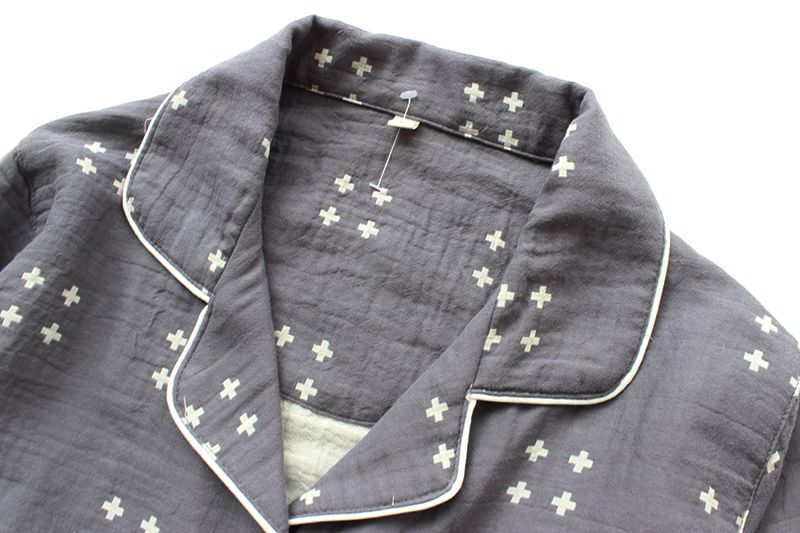 Couple Matching Pajama Set: Long-Sleeve Cross Print Top + Pants (Various Designs)