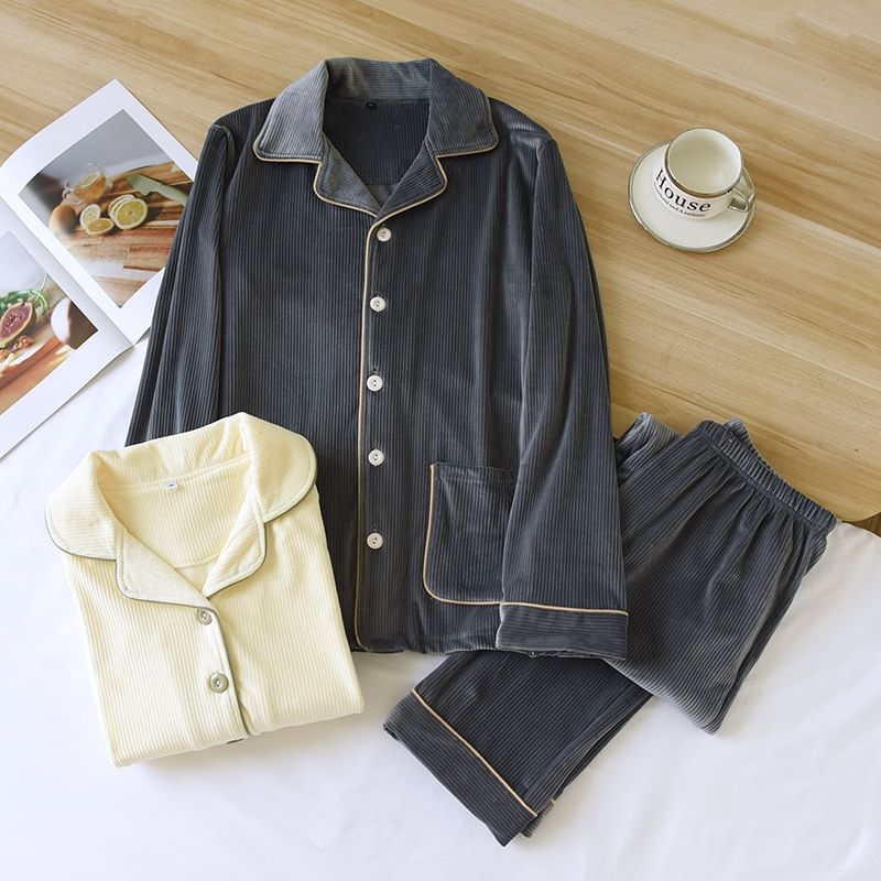 Couple Matching Pajama Set: Long-Sleeve Button-Up Top + Pants (Various Designs)