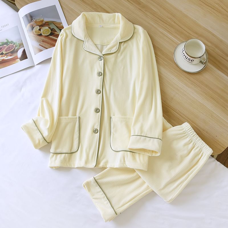 Couple Matching Pajama Set: Long-Sleeve Button-Up Top + Pants (Various Designs)