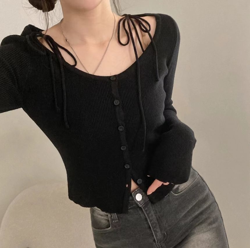 Tie Shoulder Button-Up Scoop Neck Crop Cardigan