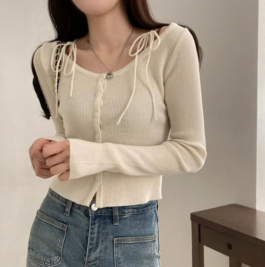 Tie Shoulder Button-Up Scoop Neck Crop Cardigan