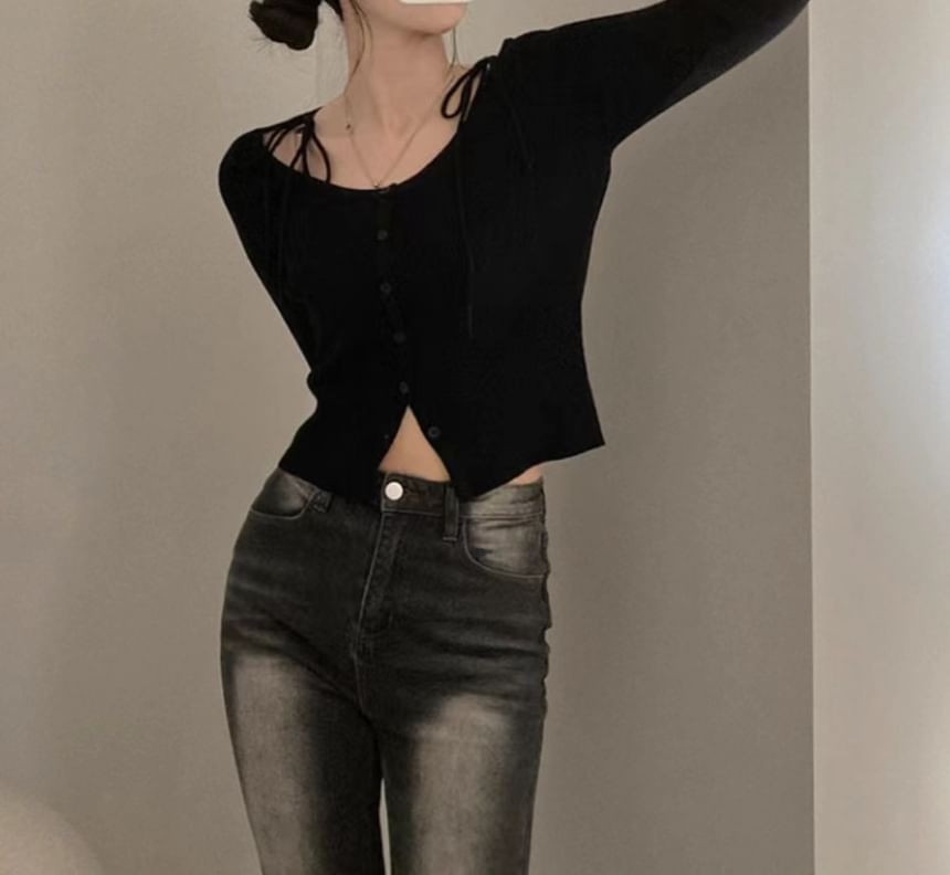 Tie Shoulder Button-Up Scoop Neck Crop Cardigan