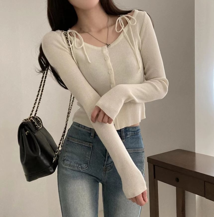 Tie Shoulder Button-Up Scoop Neck Crop Cardigan