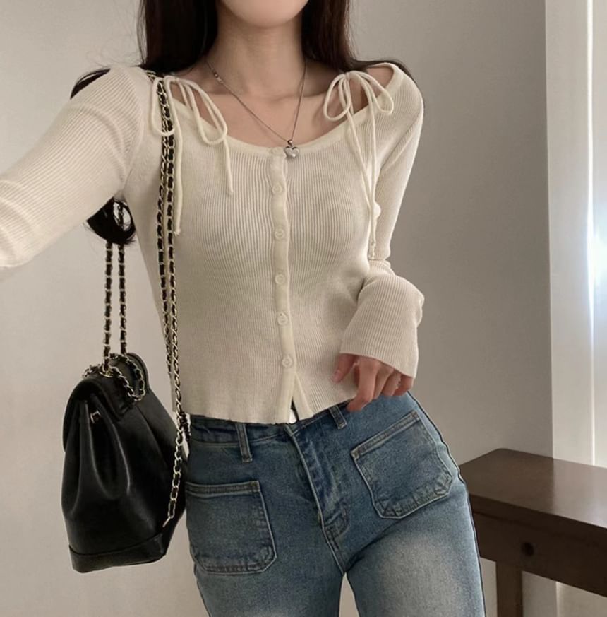 Tie Shoulder Button-Up Scoop Neck Crop Cardigan