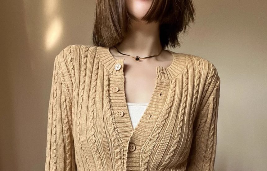 Cable-Knit Crew-Neck Cropped Cardigan in 5 Colors