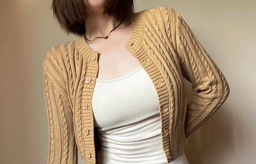 Cable-Knit Crew-Neck Cropped Cardigan in 5 Colors