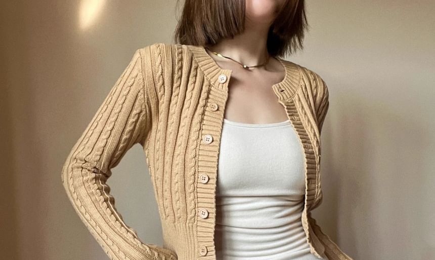 Cable-Knit Crew-Neck Cropped Cardigan in 5 Colors