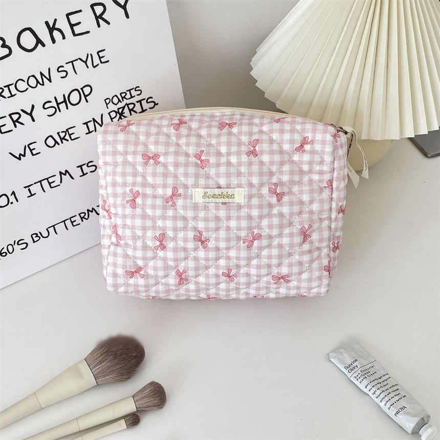 Bow Plaid Fabric Makeup Bag