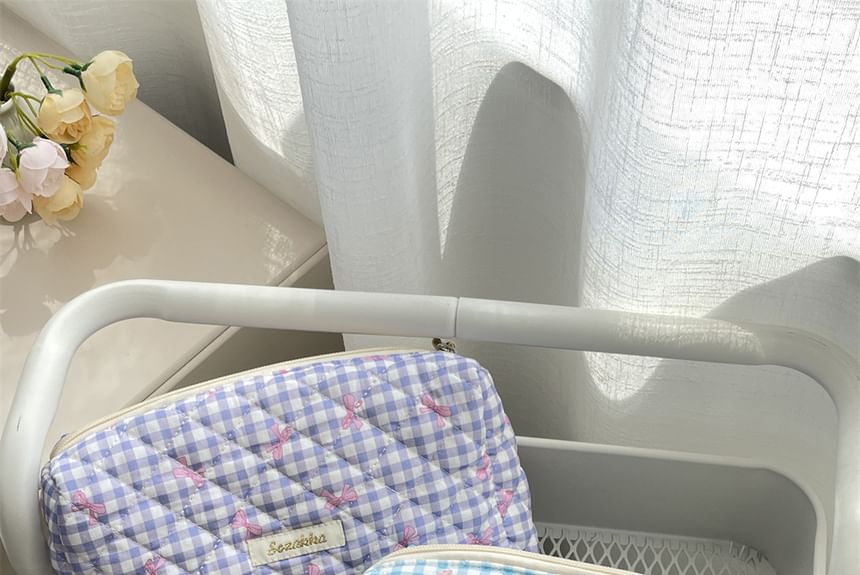 Bow Plaid Fabric Makeup Bag