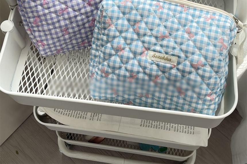 Bow Plaid Fabric Makeup Bag