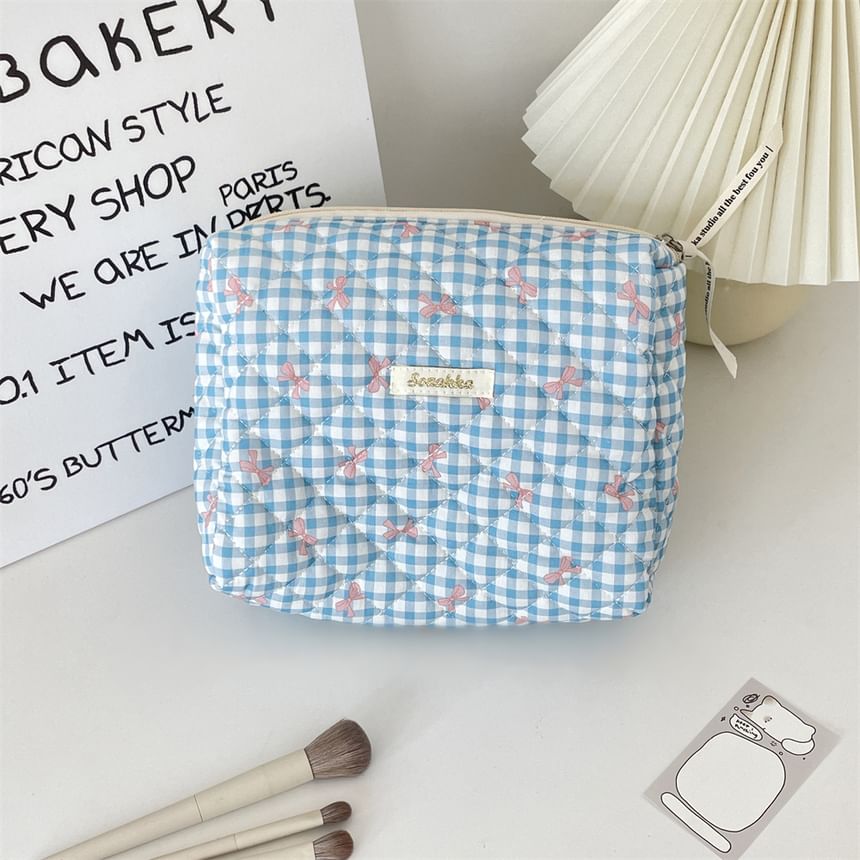 Bow Plaid Fabric Makeup Bag
