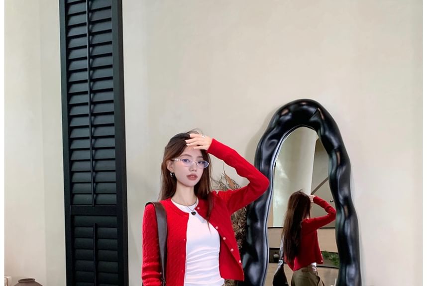 Cable Knit Button-Up Crop Cardigan & T-Shirt & Wide Leg Pants Set