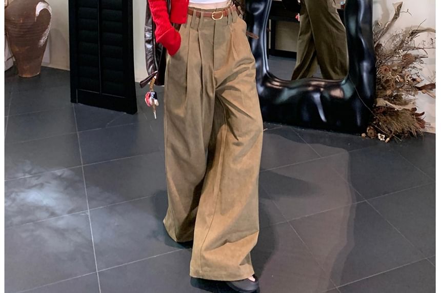 Cable Knit Button-Up Crop Cardigan & T-Shirt & Wide Leg Pants Set