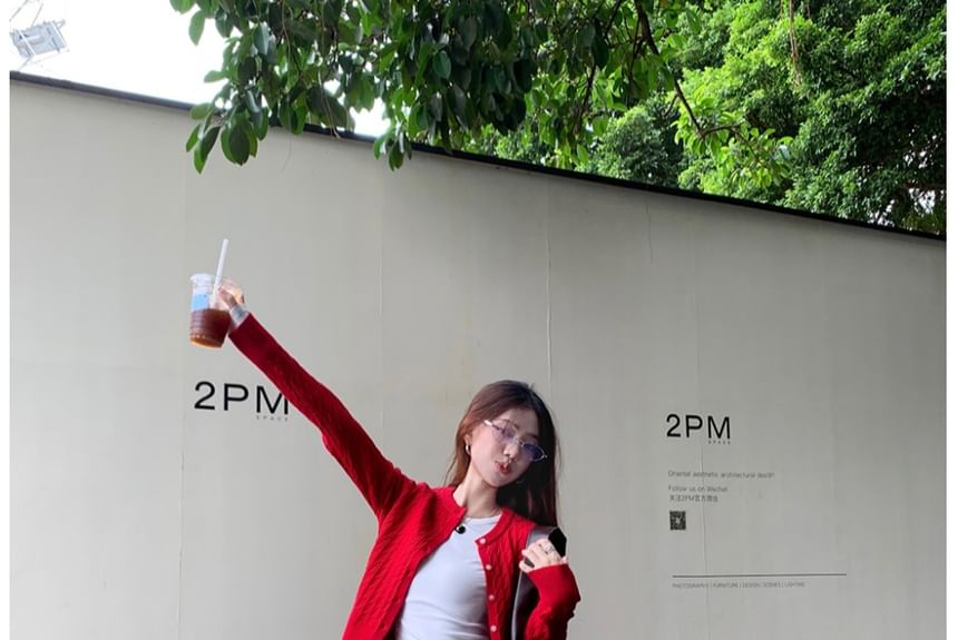 Cable Knit Button-Up Crop Cardigan & T-Shirt & Wide Leg Pants Set