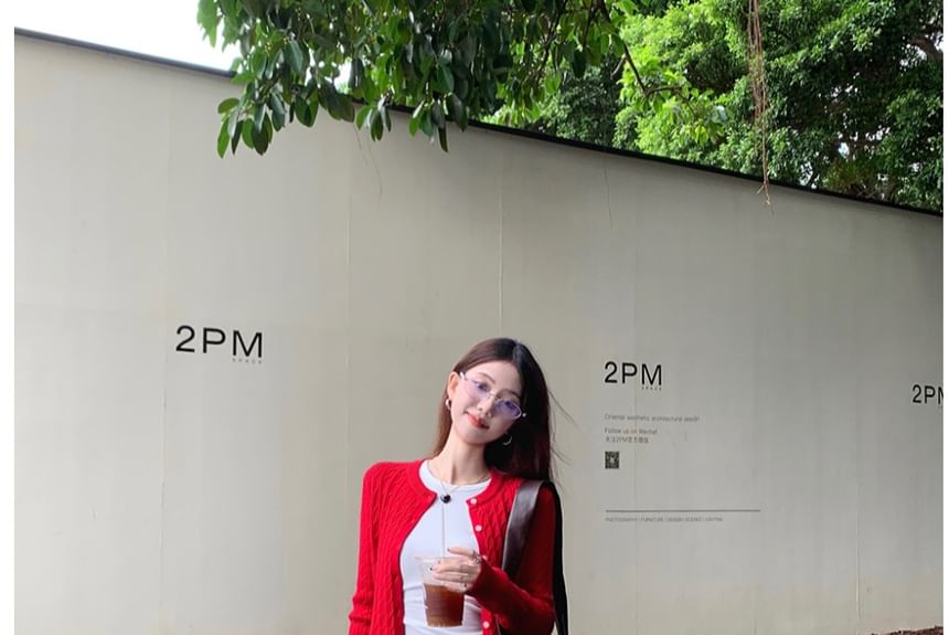 Cable Knit Button-Up Crop Cardigan & T-Shirt & Wide Leg Pants Set