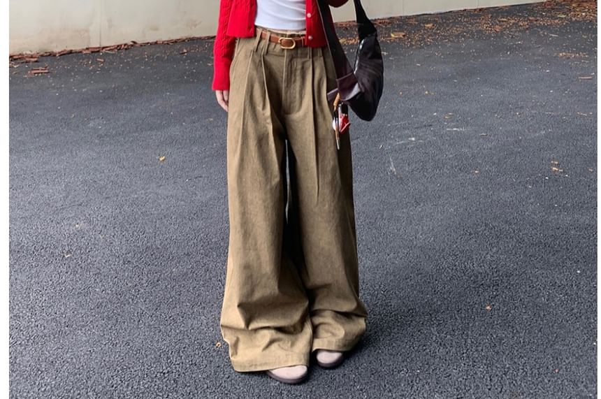 Cable Knit Button-Up Crop Cardigan & T-Shirt & Wide Leg Pants Set