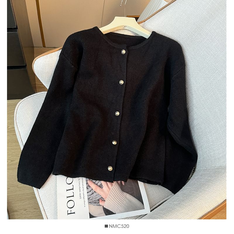 Pearl-Button Round-Neck Cardigan in 8 Colors
