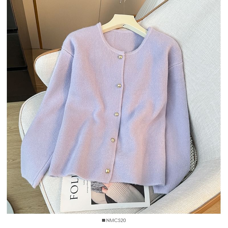 Pearl-Button Round-Neck Cardigan in 8 Colors