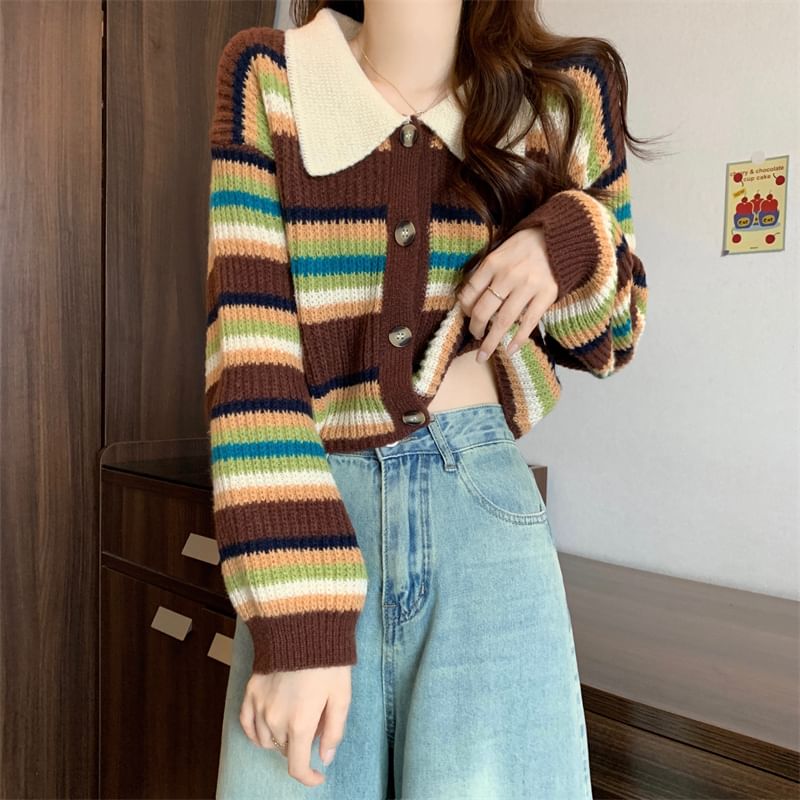 Striped Collared Crop Cardigan