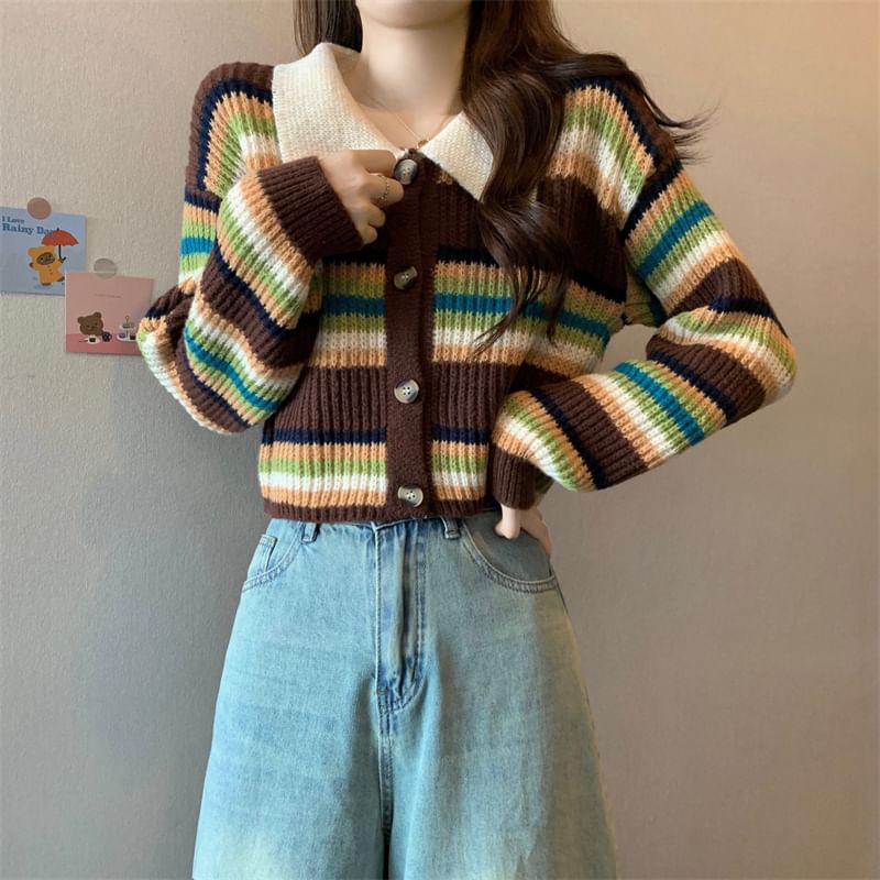 Striped Collared Crop Cardigan
