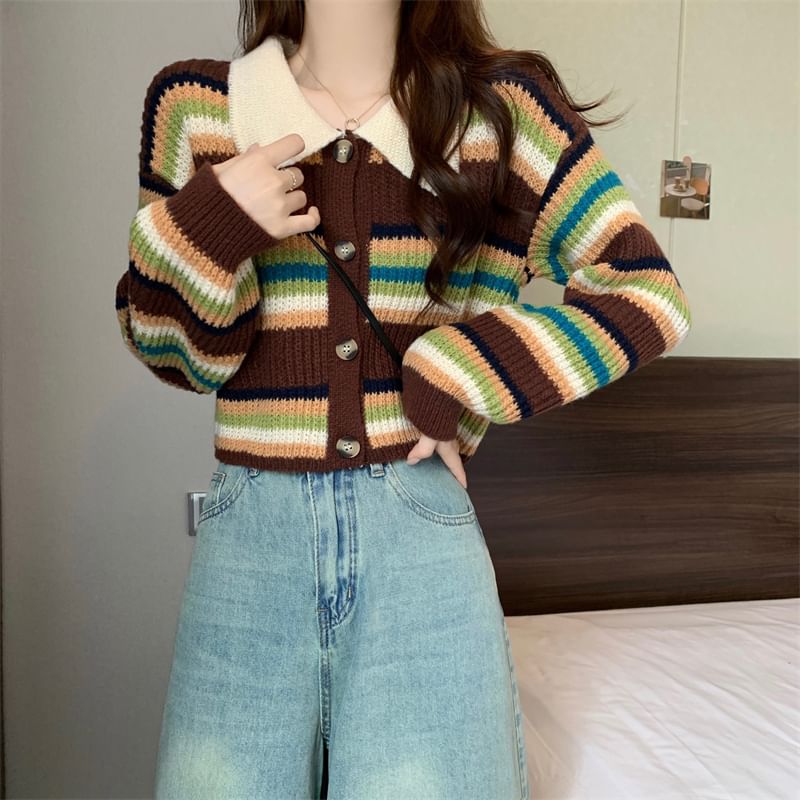 Striped Collared Crop Cardigan