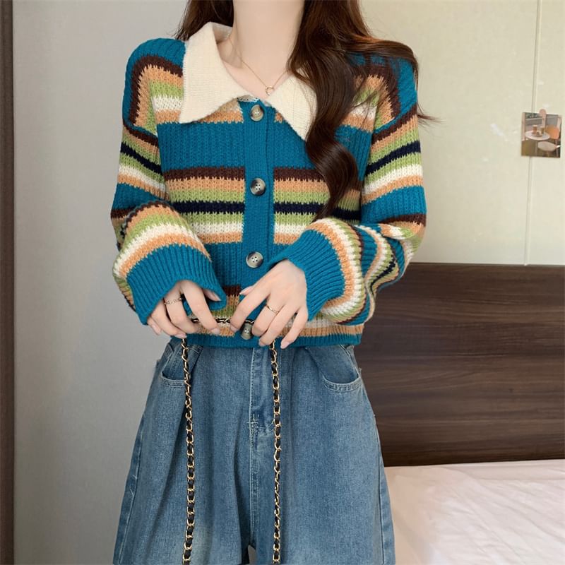 Striped Collared Crop Cardigan