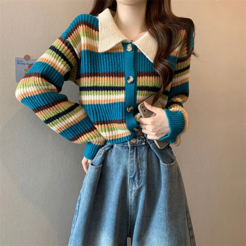 Striped Collared Crop Cardigan