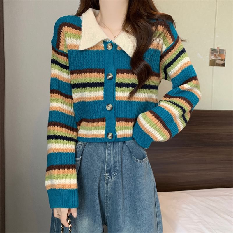 Striped Collared Crop Cardigan