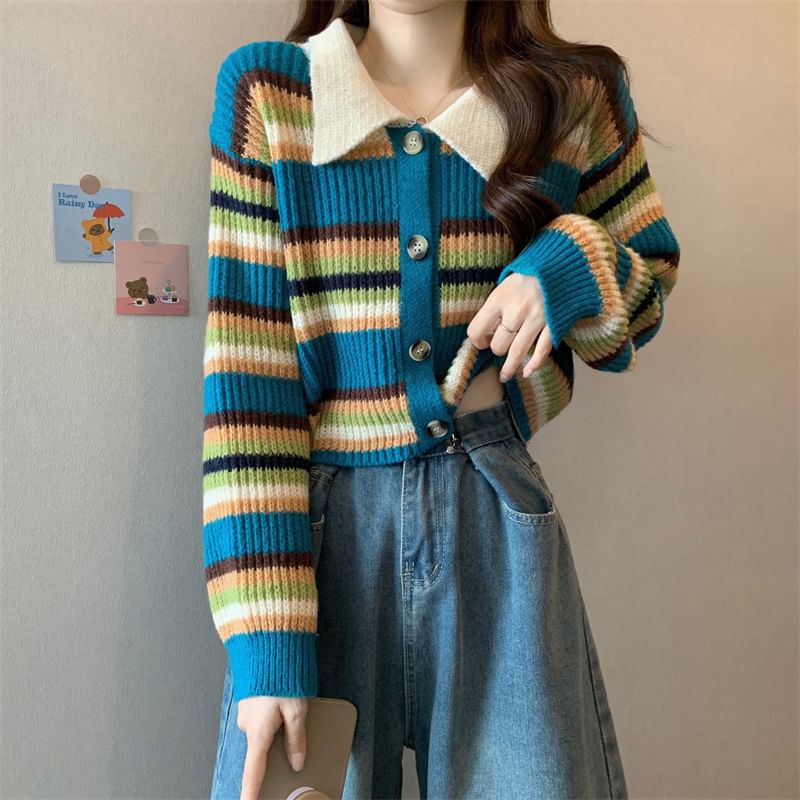 Striped Collared Crop Cardigan