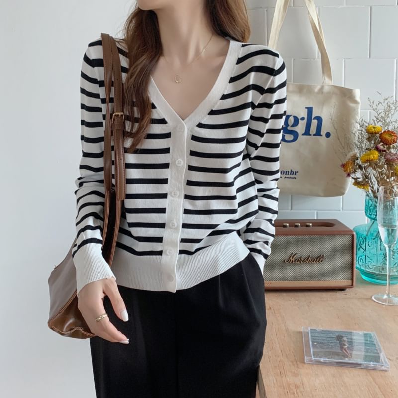 Striped V-Neck Cropped Long Sleeve Cardigan