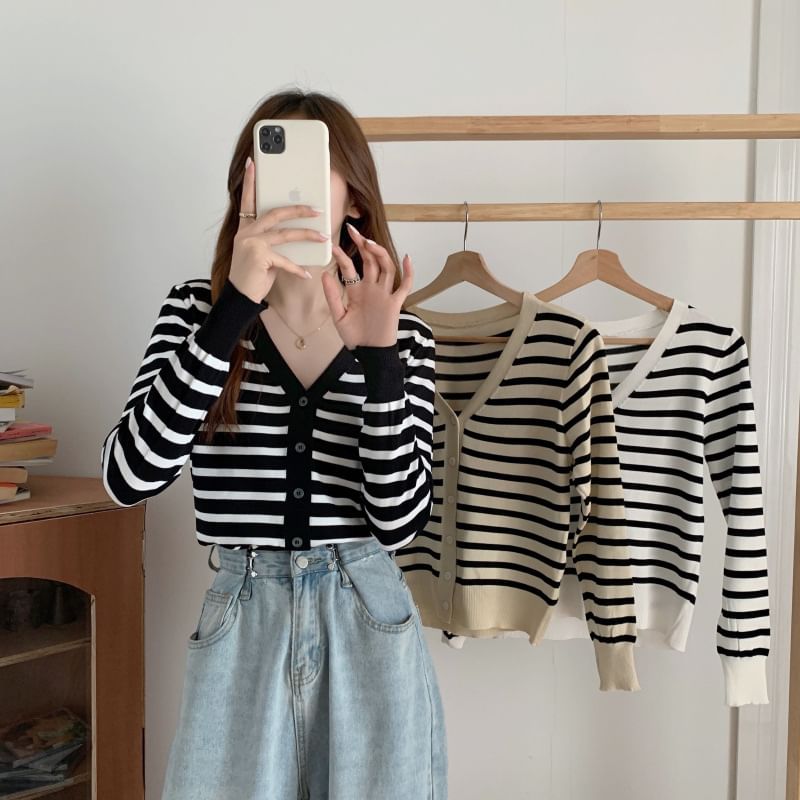 Striped V-Neck Cropped Long Sleeve Cardigan