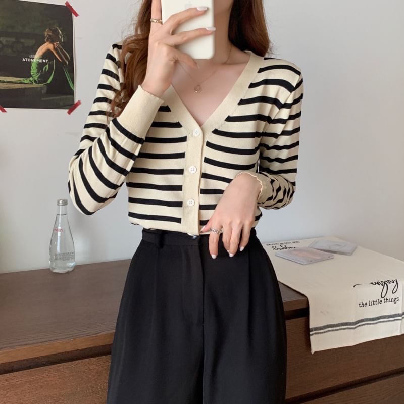 Striped V-Neck Cropped Long Sleeve Cardigan