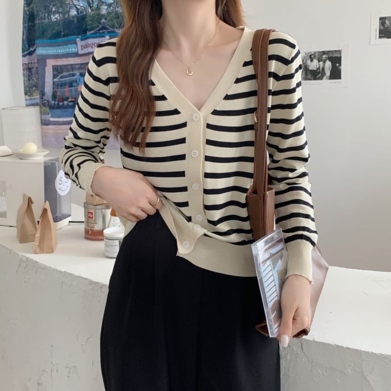 Striped V-Neck Cropped Long Sleeve Cardigan