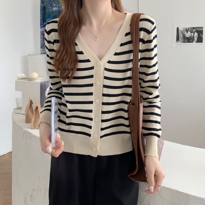 Striped V-Neck Cropped Long Sleeve Cardigan