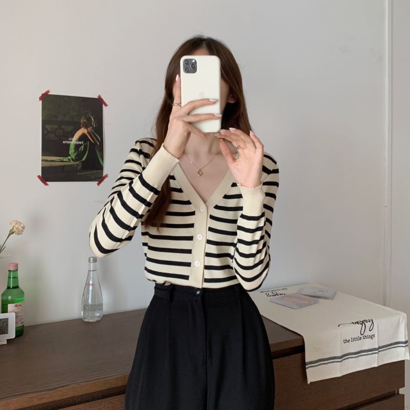 Striped V-Neck Cropped Long Sleeve Cardigan
