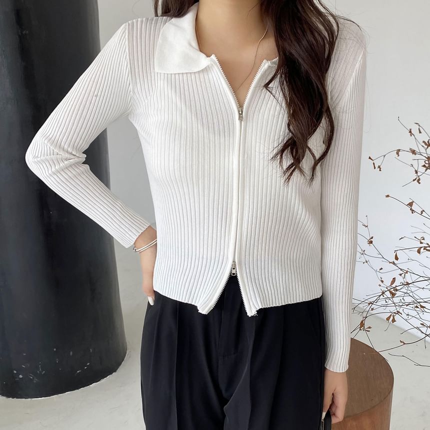 Zip Ribbed Collared Cropped Cardigan