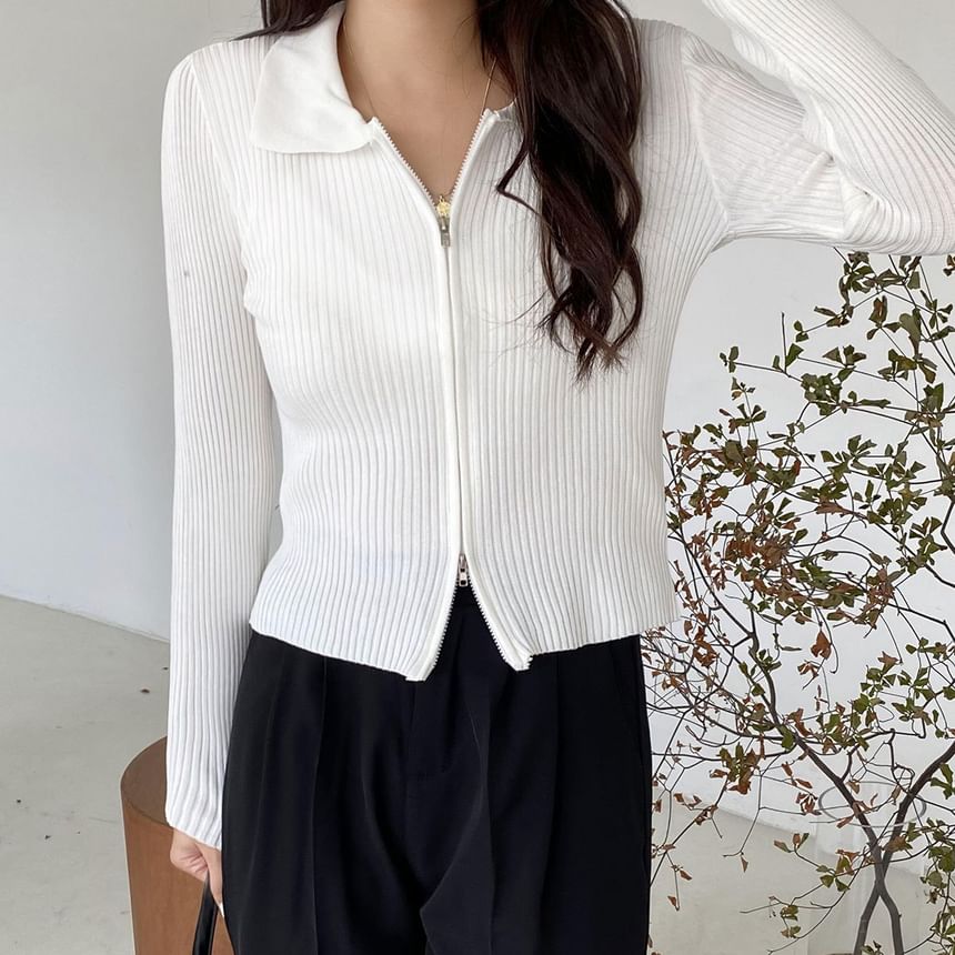 Zip Ribbed Collared Cropped Cardigan