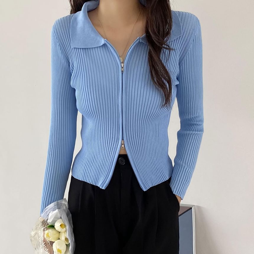 Zip Ribbed Collared Cropped Cardigan