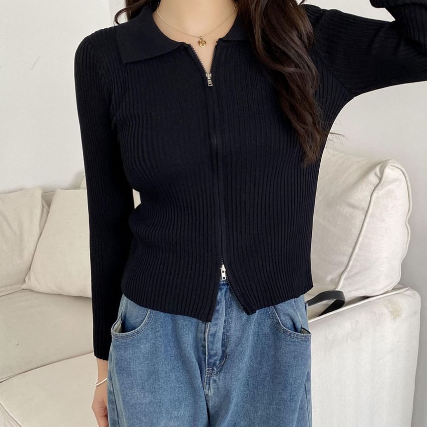 Zip Ribbed Collared Cropped Cardigan