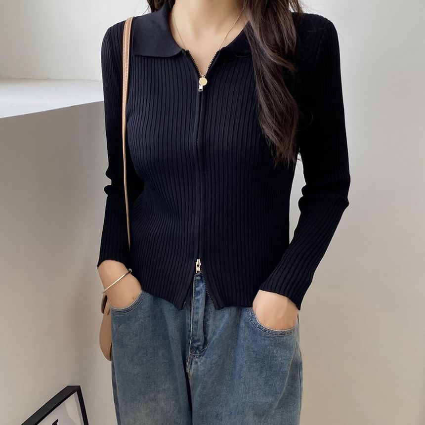 Zip Ribbed Collared Cropped Cardigan