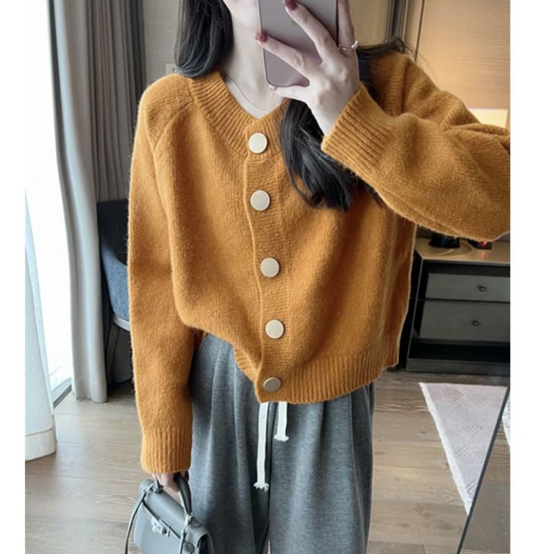 V-Neck Button Up Plain Crop Cardigan