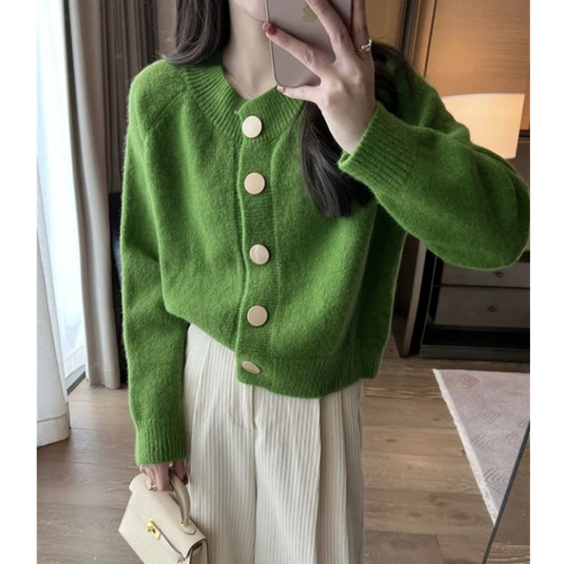 V-Neck Button Up Plain Crop Cardigan